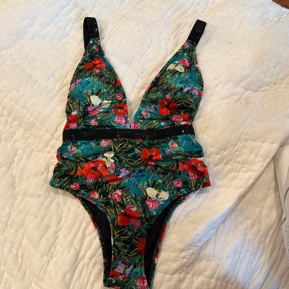 Victoria’s Secret Floral and black mini shine straps deep V cut, never worn